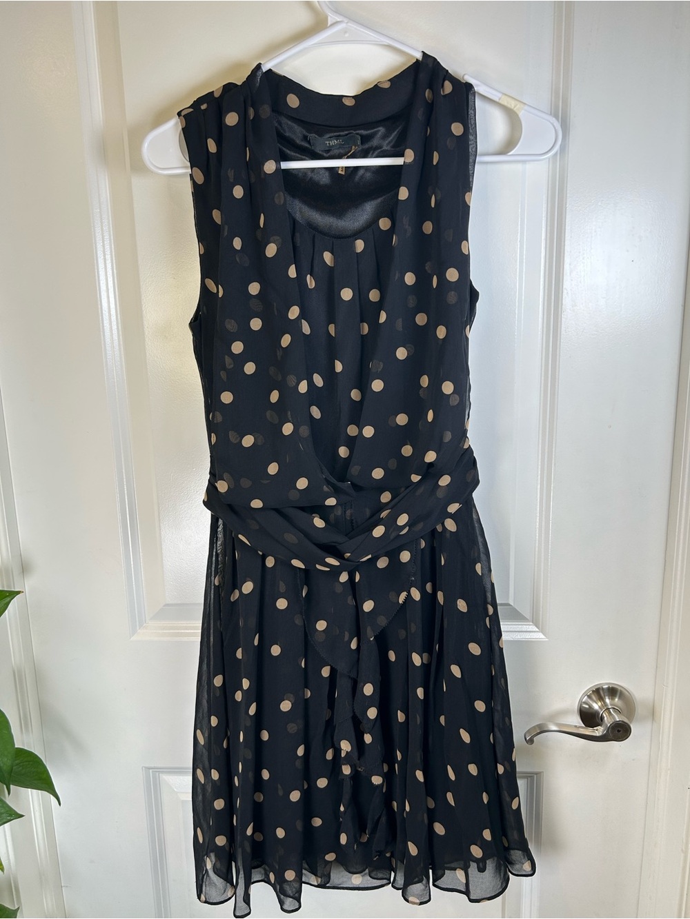 THML Polka Dot Sleeveless Flowy Black Dress with Beige Dots Size Small‎